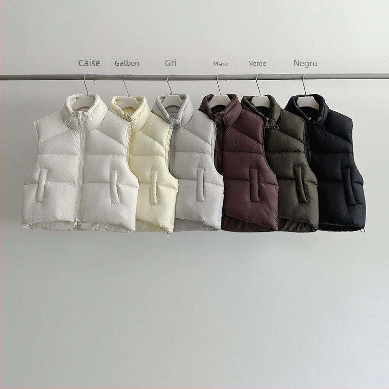 Vesta de damă cu umplutură din puf de rață, guler înalt, fermoar, țesătură din nylon, stil casual japonez-coreean