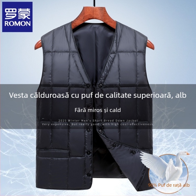 Vesta Romon din puf pentru bărbați – iarnă, fără glugă, decolteu în V, buzunare cu fermoar, conținut puf 86–90%