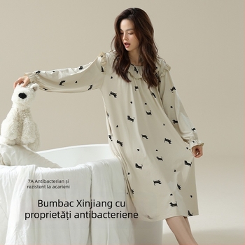 Rochie de noapte din bumbac Xinjiang, antimicrobiană, pentru femei, mâneci lungi, midi, potrivită pentru primăvară și toamnă