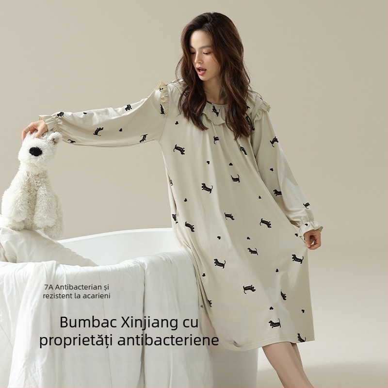 Rochie de noapte din bumbac Xinjiang, antimicrobiană, pentru femei, mâneci lungi, midi, potrivită pentru primăvară și toamnă