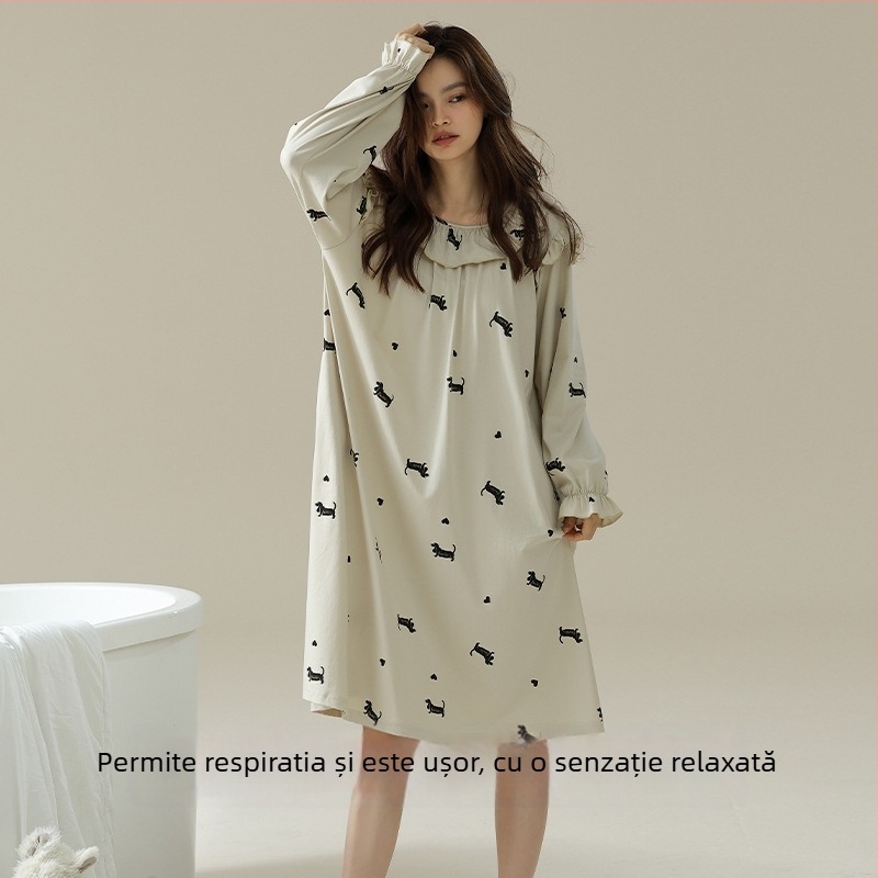 Rochie de noapte din bumbac Xinjiang, antimicrobiană, pentru femei, mâneci lungi, midi, potrivită pentru primăvară și toamnă