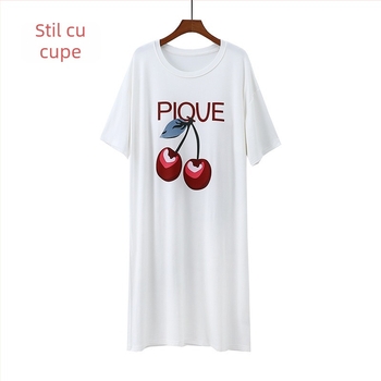 Rochie de noapte din modal cu pernă pentru bust, imprimeu, mâneci scurte, lungime midi, rochie lejeră pentru casă