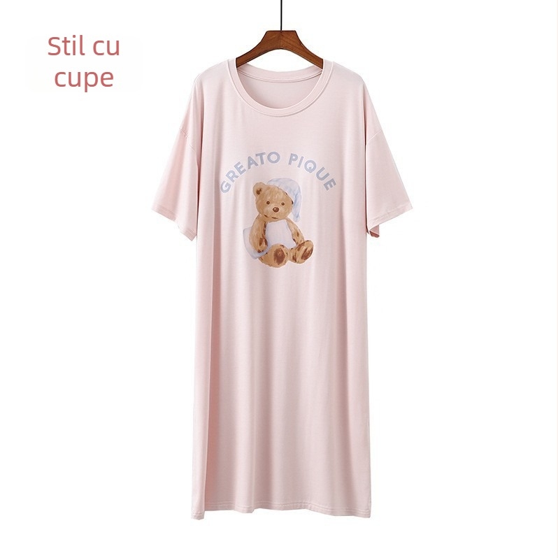 Rochie de noapte din modal cu pernă pentru bust, imprimeu, mâneci scurte, lungime midi, rochie lejeră pentru casă