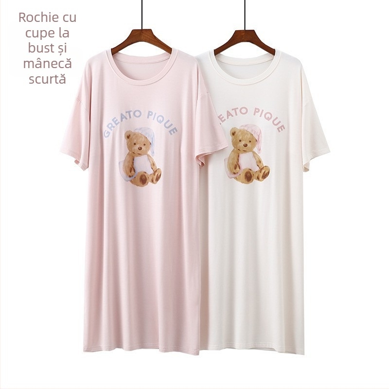 Rochie de noapte din modal cu pernă pentru bust, imprimeu, mâneci scurte, lungime midi, rochie lejeră pentru casă