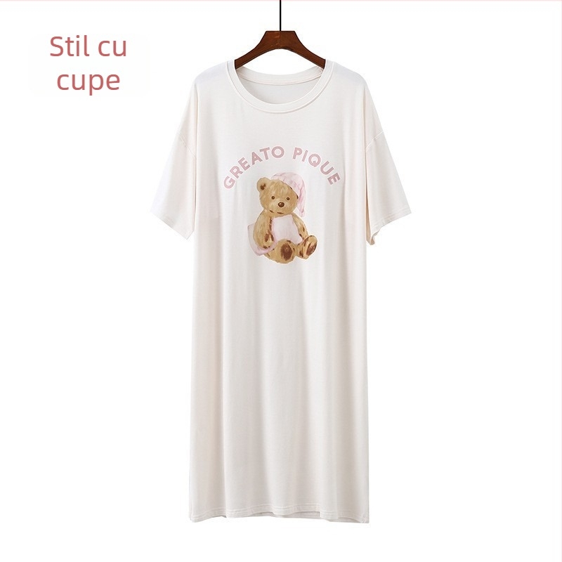 Rochie de noapte din modal cu pernă pentru bust, imprimeu, mâneci scurte, lungime midi, rochie lejeră pentru casă