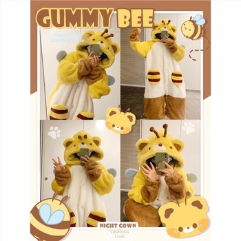 Set de pijamale cu albina în desen animat, fleece coral gros, 100% poliester, fără guler, mâneci lungi și pantaloni pentru iarnă acasă