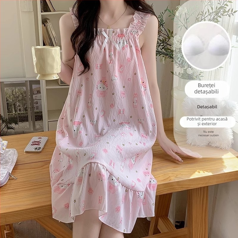 Rochie de noapte de vară cu bretele, pentru femei, cu inserturi pentru bust, roz, stil prințesă drăguț, haine de casă
