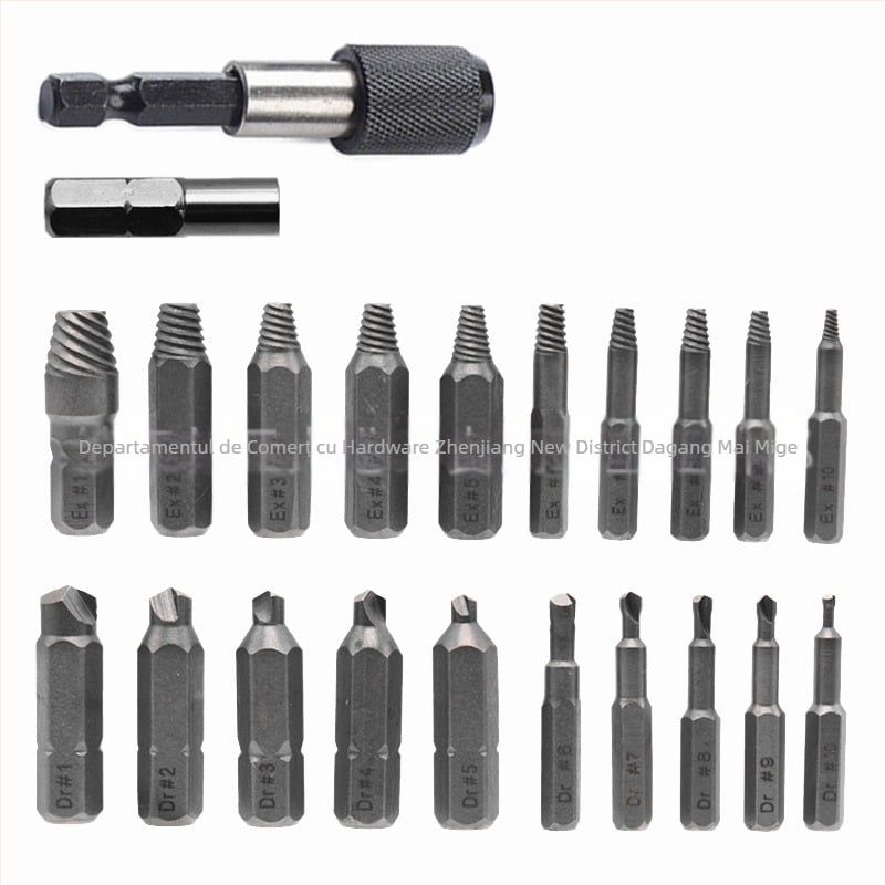 Extractor dublu pentru șuruburi și bolți rupte – lamă inversă și filet anti-șanț, oțel crom-vanadiu, kit de 22 piese, format metric și imperial