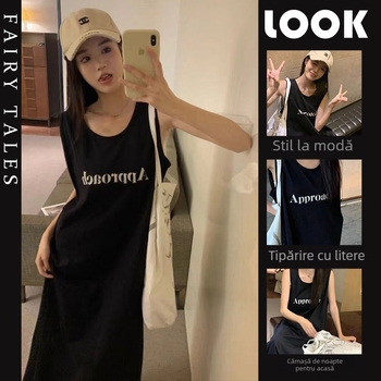 Rochie de noapte fără mâneci, guler rotund — imprimeu, stil dulce și drăguț, rochie lungă, 100% material principal, greutate moderată