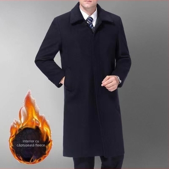 Palton bărbătesc, trench lung, cu rever tip lapel, închidere cu nasturi pe o singură linie, fără glugă, fără curea