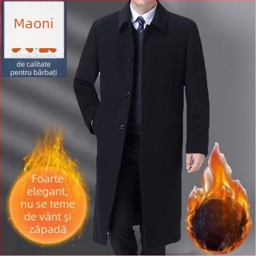 Palton bărbătesc, trench lung, cu rever tip lapel, închidere cu nasturi pe o singură linie, fără glugă, fără curea