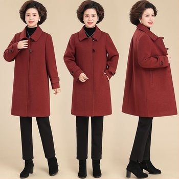 Palton mediu din lână pentru femei de vârstă mijlocie, țesătură TR, PVC ≤30%, material secundar 30–50%, culoare solidă, stil literar retro, toamnă-iarna