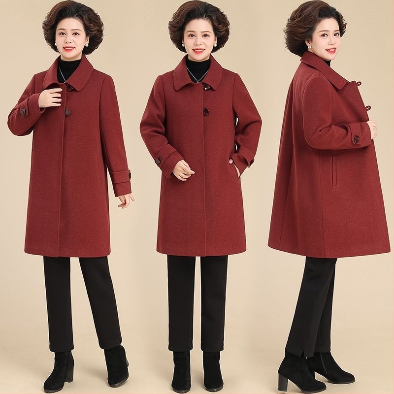 Palton mediu din lână pentru femei de vârstă mijlocie, țesătură TR, PVC ≤30%, material secundar 30–50%, culoare solidă, stil literar retro, toamnă-iarna