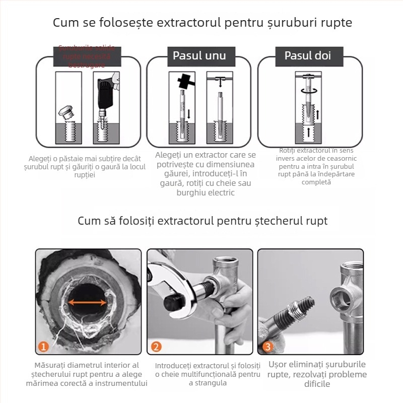 Set extractoare de șuruburi pentru eliminarea șuruburilor rupte – oțel crom-vanadiu de înaltă duritate, 8 piese, pentru uz casnic