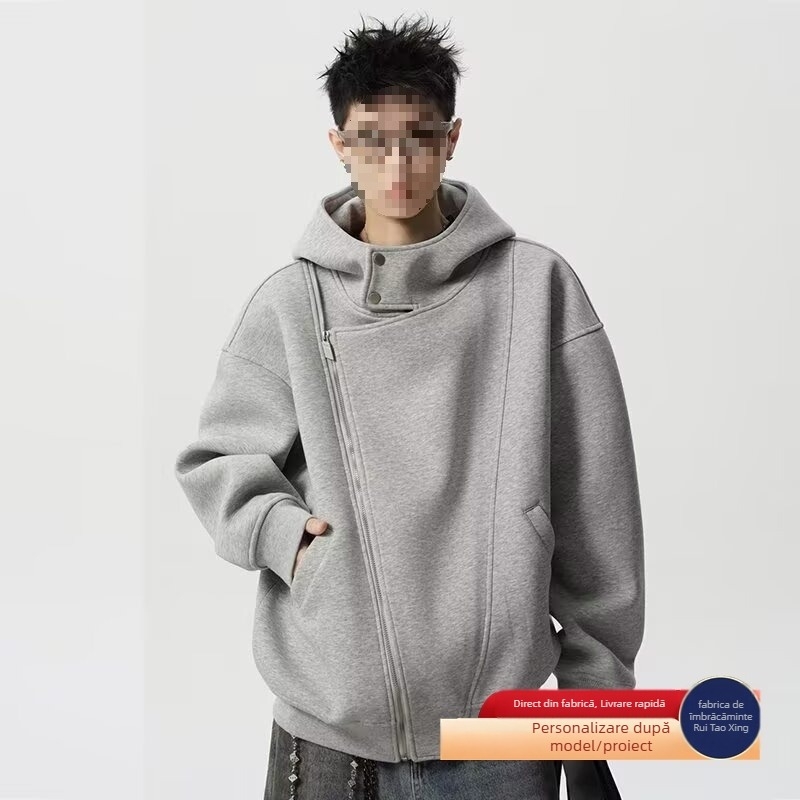 Geacă de bărbați cu glugă, fermoar frontal, poliester gros, guler înalt – Iarnă