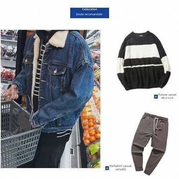 Geacă din denim pentru bărbați, croială slim, guler rever, nasturi frontali, mâneci lungi, pentru iarnă