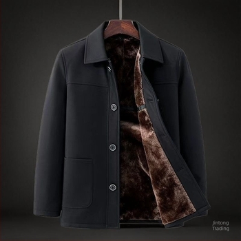 Geacă de bărbați cu rever, căptușită cu fleece; material principal: blană de iepure; căptușeală 95%+; buzunare patch; fără glugă