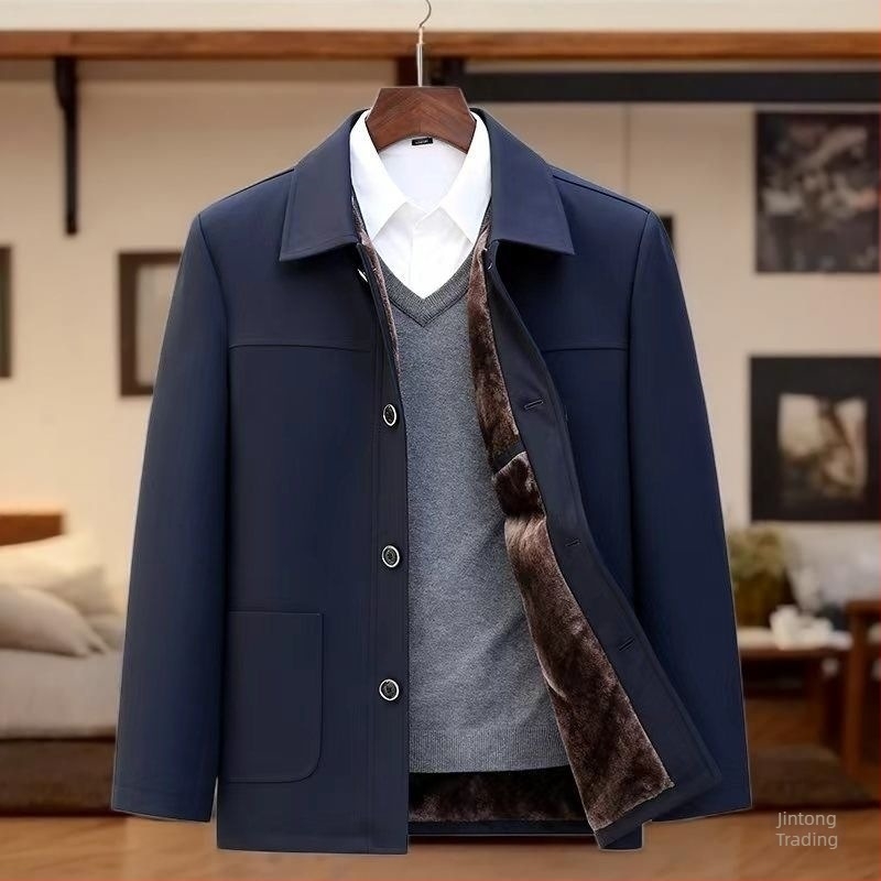 Geacă de bărbați cu rever, căptușită cu fleece; material principal: blană de iepure; căptușeală 95%+; buzunare patch; fără glugă