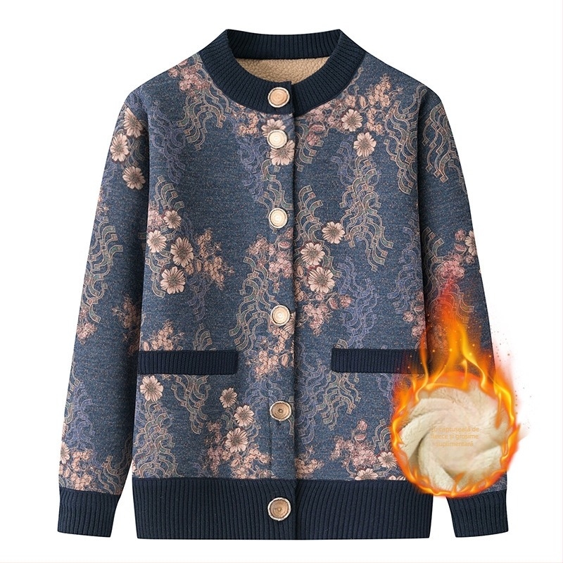 Cardigan pentru toamnă-iarnă, femei, cu căptușeală fleece, mâneci lungi, guler rotund, imprimeu cu plante și flori, poliester