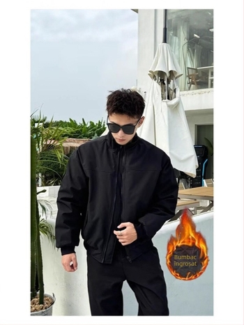 Jachetă pentru bărbați cu guler înalt, fermoar, croială lejeră, material din amestec bumbac poliester, căptușeală poliester