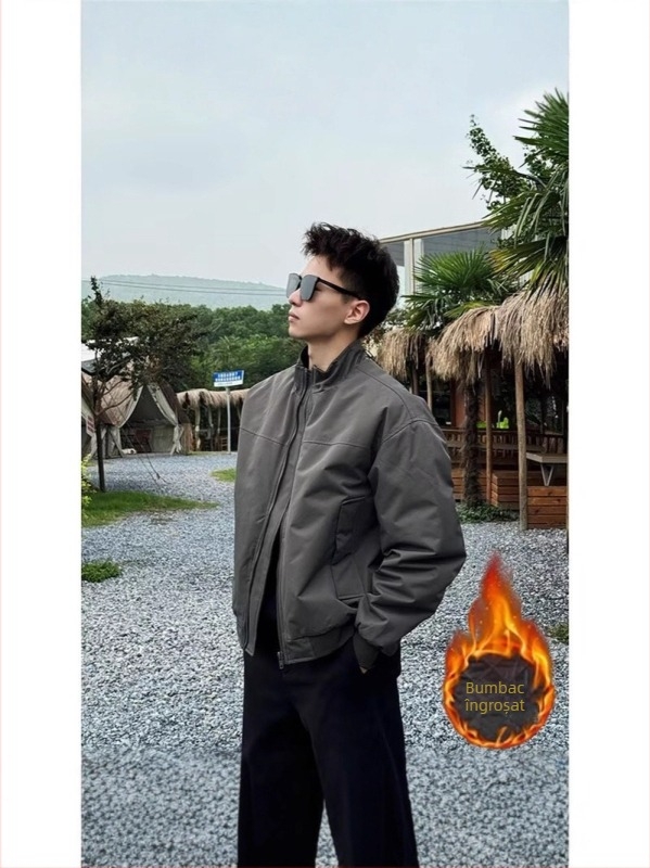 Jachetă pentru bărbați cu guler înalt, fermoar, croială lejeră, material din amestec bumbac poliester, căptușeală poliester