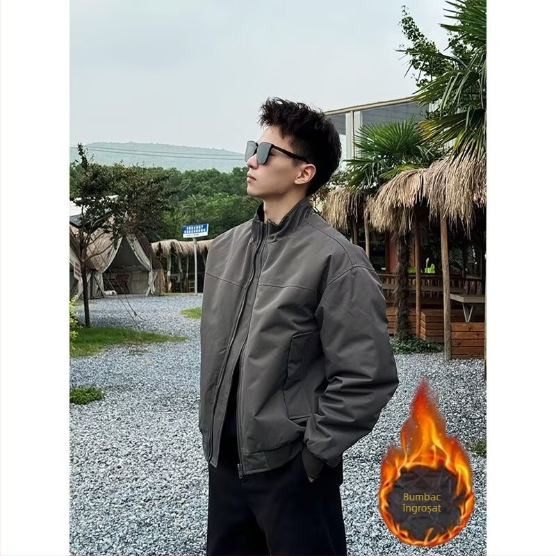 Jachetă pentru bărbați cu guler înalt, fermoar, croială lejeră, material din amestec bumbac poliester, căptușeală poliester