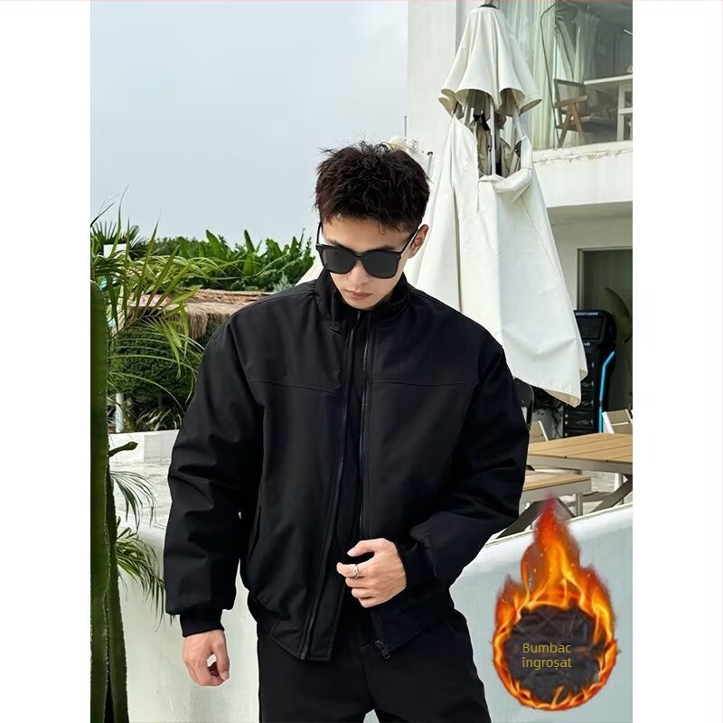 Jachetă pentru bărbați cu guler înalt, fermoar, croială lejeră, material din amestec bumbac poliester, căptușeală poliester