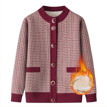 Cardigan damă tricotat cu căptușeală de fleece, model geometric, lungime medie 50-65 cm, țesătură poliester, lansare iarna 2025