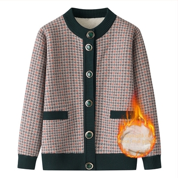 Cardigan damă tricotat cu căptușeală de fleece, model geometric, lungime medie 50-65 cm, țesătură poliester, lansare iarna 2025