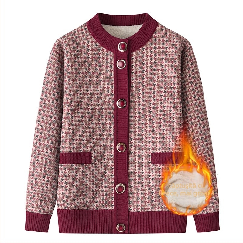 Cardigan damă tricotat cu căptușeală de fleece, model geometric, lungime medie 50-65 cm, țesătură poliester, lansare iarna 2025