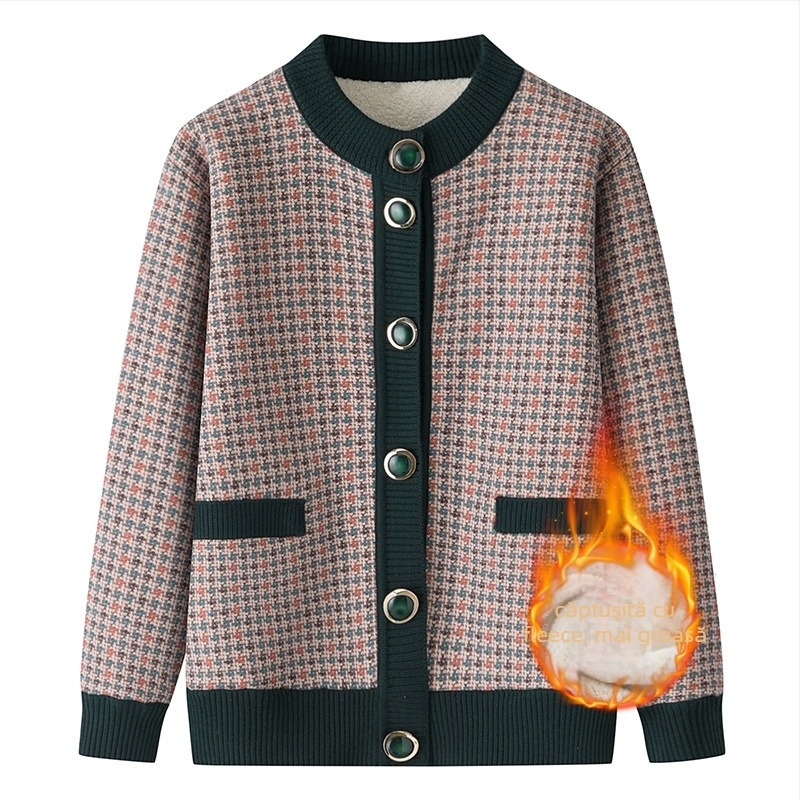 Cardigan damă tricotat cu căptușeală de fleece, model geometric, lungime medie 50-65 cm, țesătură poliester, lansare iarna 2025