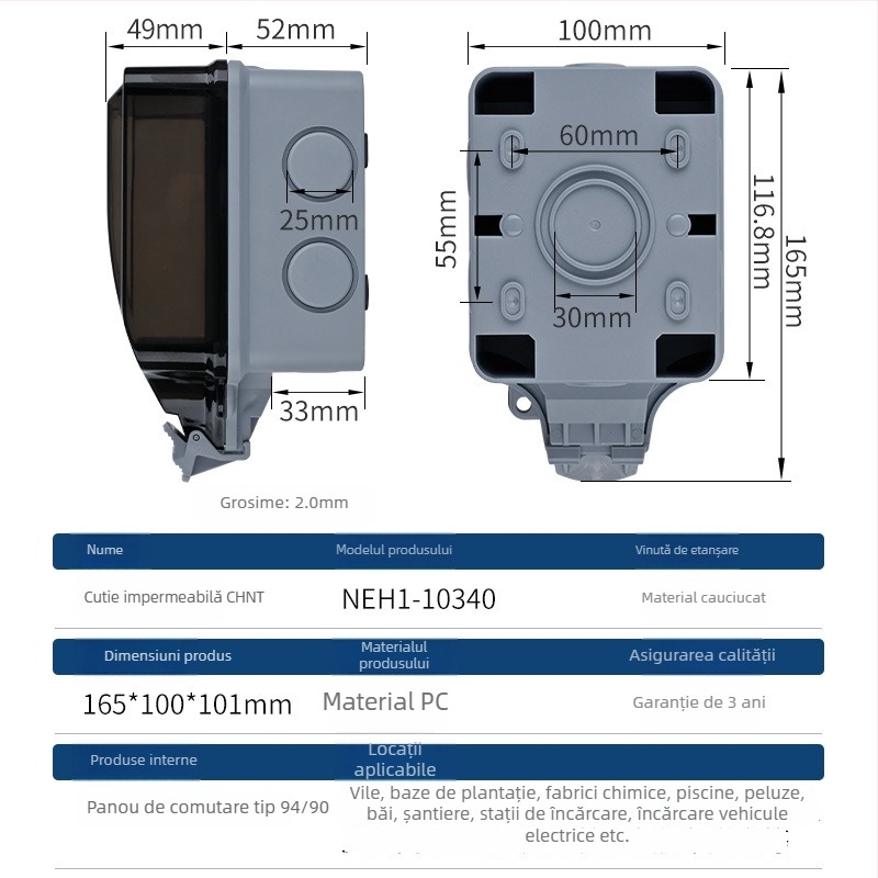 Cutie exterior impermeabilă pentru întrerupător și priză, IP66, montaj pe suprafață, cu lacăt, carcasa PC/ABS
