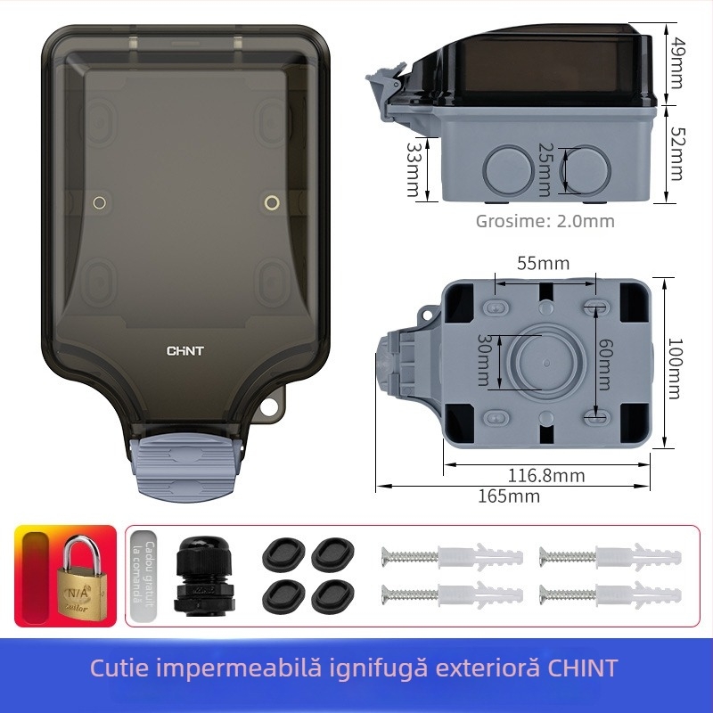 Cutie exterior impermeabilă pentru întrerupător și priză, IP66, montaj pe suprafață, cu lacăt, carcasa PC/ABS