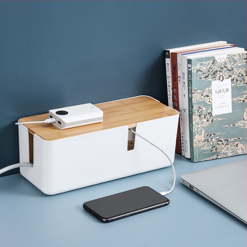 Cutie organizare cabluri de birou cu capac din bambus, design cu patru găuri, rezistentă la praf, capacitate 2 L