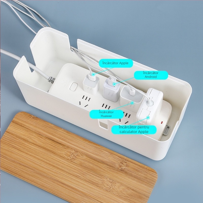 Cutie organizare cabluri de birou cu capac din bambus, design cu patru găuri, rezistentă la praf, capacitate 2 L