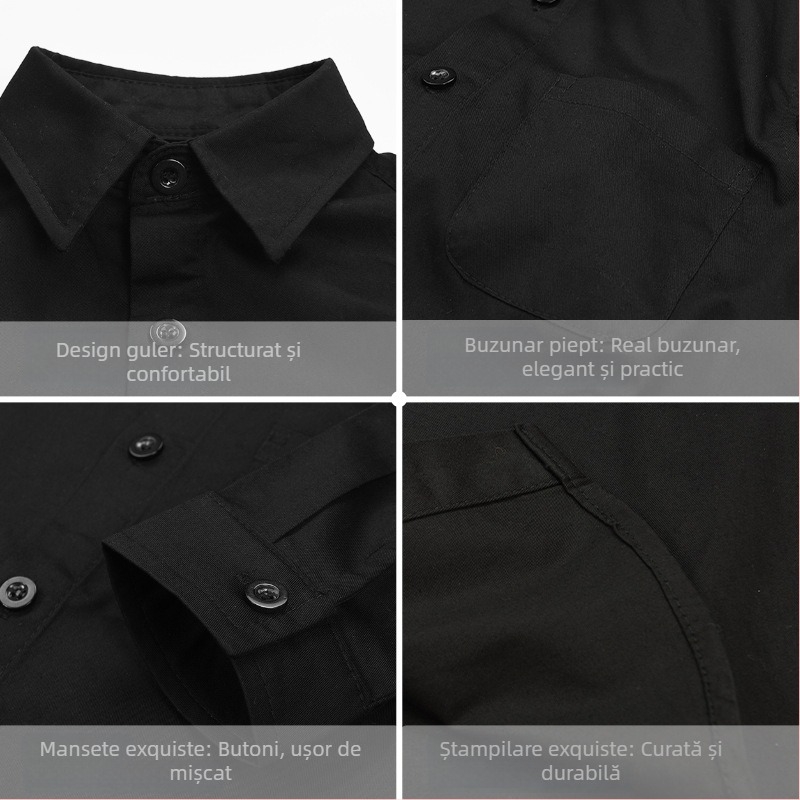 Cămașă pentru băieți cu mânecă lungă, guler tip lapel, imprimeu solid, 92% bumbac