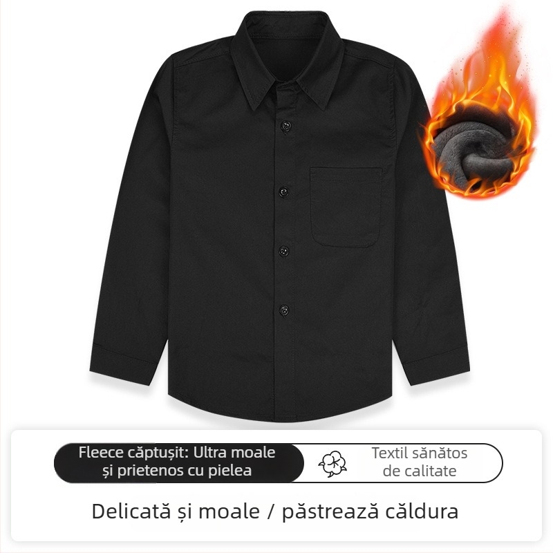 Cămașă pentru băieți cu mânecă lungă, guler tip lapel, imprimeu solid, 92% bumbac