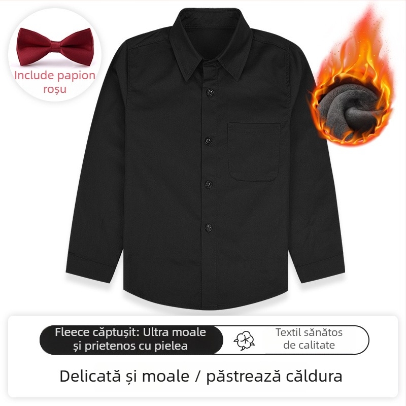 Cămașă pentru băieți cu mânecă lungă, guler tip lapel, imprimeu solid, 92% bumbac