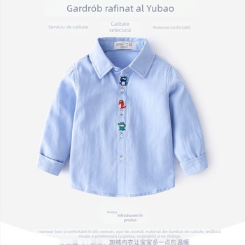 Cămașă pentru copii cu mâneci lungi, imprimeu cu dinozaur în desen animat, guler rever, material din bumbac 80%, primăvară și toamnă