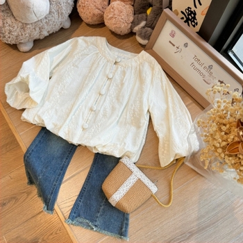 Top pentru fete în stil coreean, mâneci bufante, guler rotund, 80% bumbac