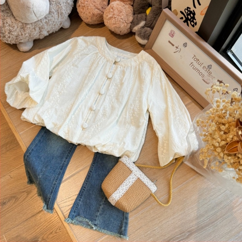 Top pentru fete în stil coreean, mâneci bufante, guler rotund, 80% bumbac