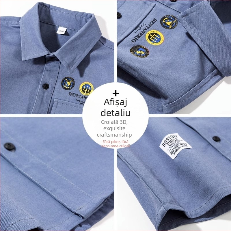 Cămașă pentru copii, cu guler rever, mâneci lungi, 75% bumbac, model litere, primăvară–toamnă