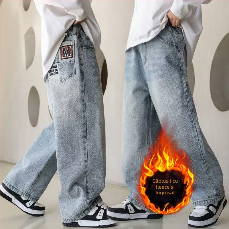 Jeanși pentru copii din denim, căptuți cu fleece, groși, croială dreaptă, talie elastică