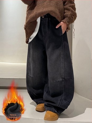 Blugi pentru băieți din bumbac cu căptușeală de fleece, iarnă, lungi, groși, talie medie cu bandă elastică