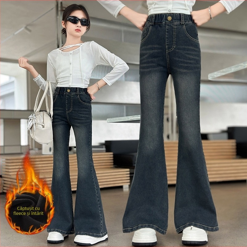 Jeans pentru fete – Stil coreean, talie înaltă, curea elastică, fără imprimeu, pentru primăvară și toamnă