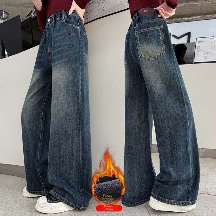 Pantaloni pentru fete iarnă cu căptușeală fleece - talie înaltă, talie elastică, culoare solidă, pentru copii peste 8 ani.