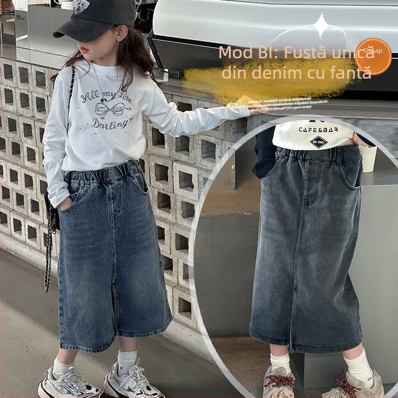 Fustă de denim pentru fete, toamnă 2024, stil coreean, lungime până la genunchi, despicare frontală