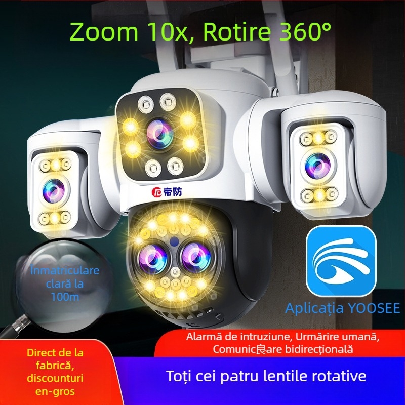 Cameră de supraveghere exterioră, wireless, cu vizionare nocturnă 360°, conectivitate 4G, iluminare minimă 0.001 lx, interval de funcționare -30°C până la 65°C, alimentare 12V