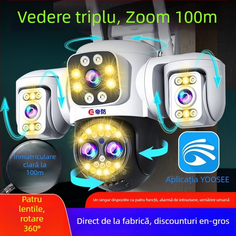 Cameră de supraveghere exterioră, wireless, cu vizionare nocturnă 360°, conectivitate 4G, iluminare minimă 0.001 lx, interval de funcționare -30°C până la 65°C, alimentare 12V