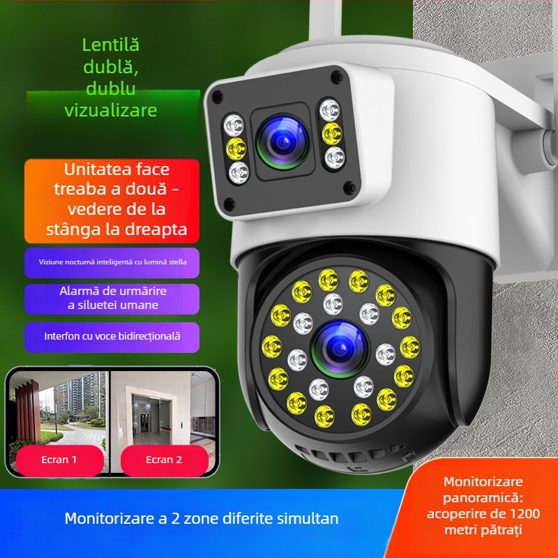 Cameră de supraveghere exterioră, wireless, cu vizionare nocturnă 360°, conectivitate 4G, iluminare minimă 0.001 lx, interval de funcționare -30°C până la 65°C, alimentare 12V